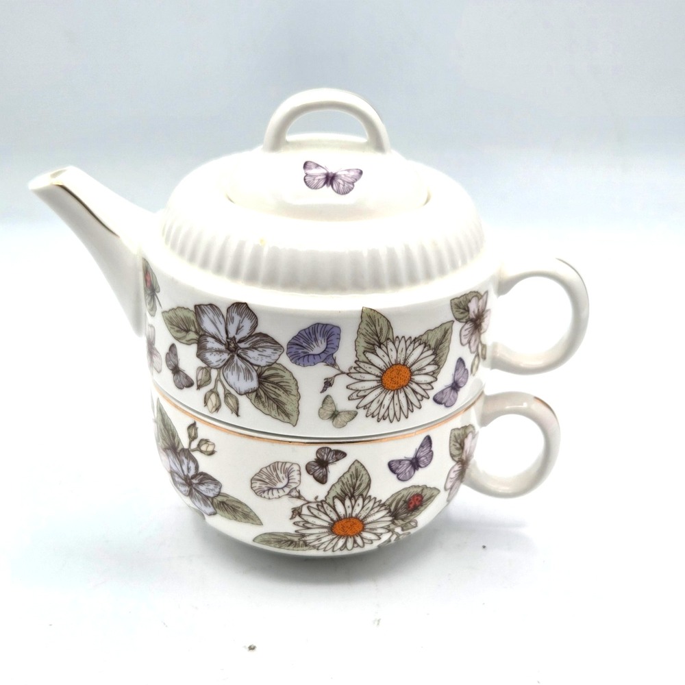 Grace Teaware Fine Porcelain Teapot Butterfly & Flower Tea For One Cottage Core